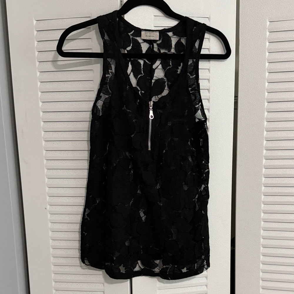 Black Lace Zip-Front Sleeveless Top